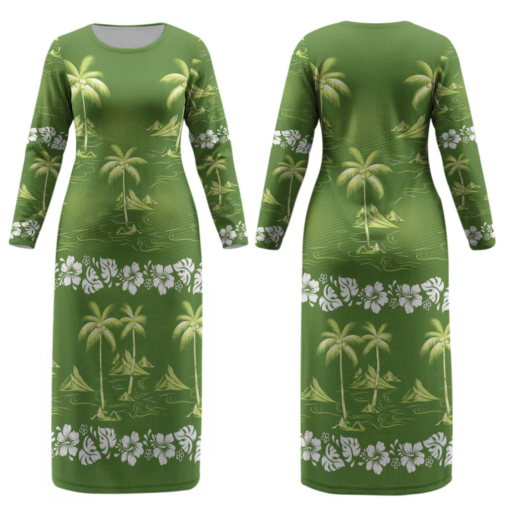 Olive Green Hawaii Palm Tree Hibiscus Couples Matching Long Sleeve Bodycon Dress and Hawaiian Shirt Fantasy Summer Vibe LT01 - Polynesian Pride
