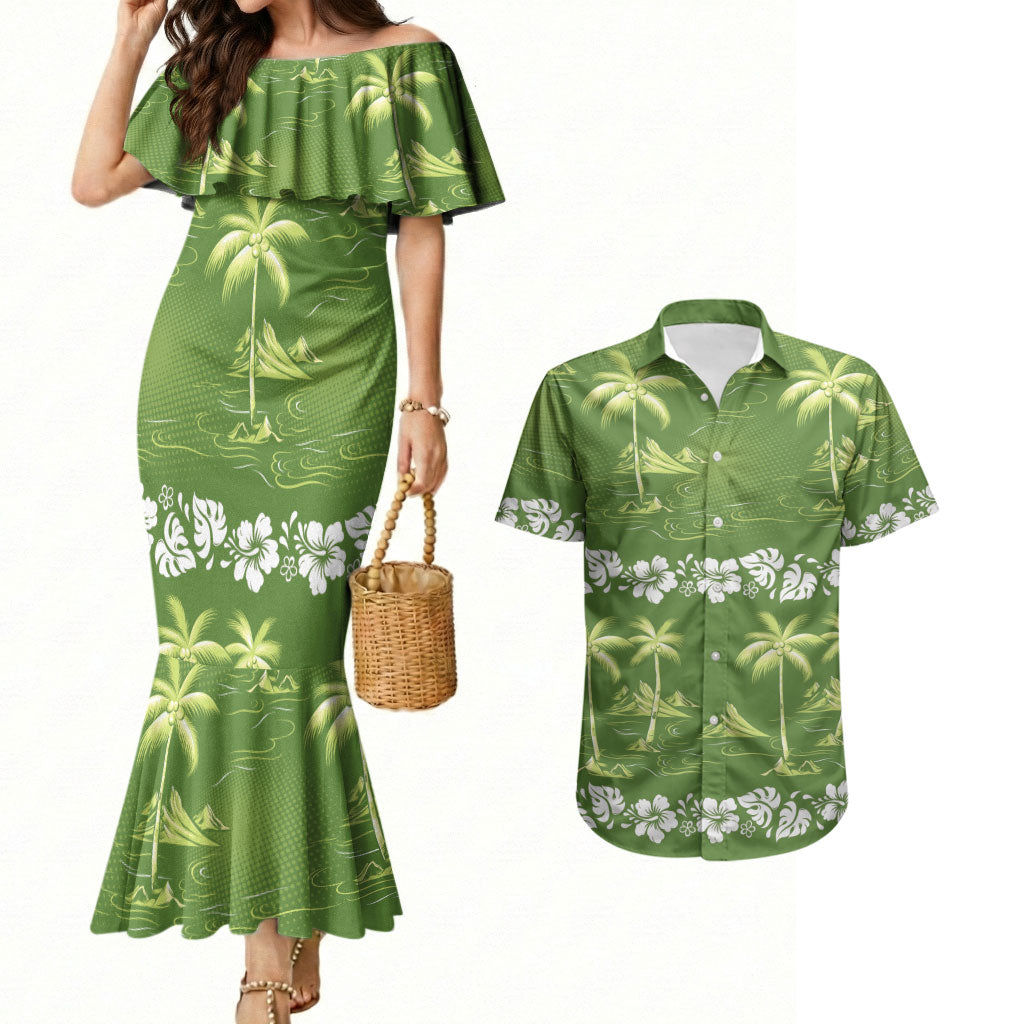 Olive Green Hawaii Palm Tree Hibiscus Couples Matching Mermaid Dress and Hawaiian Shirt Fantasy Summer Vibe
