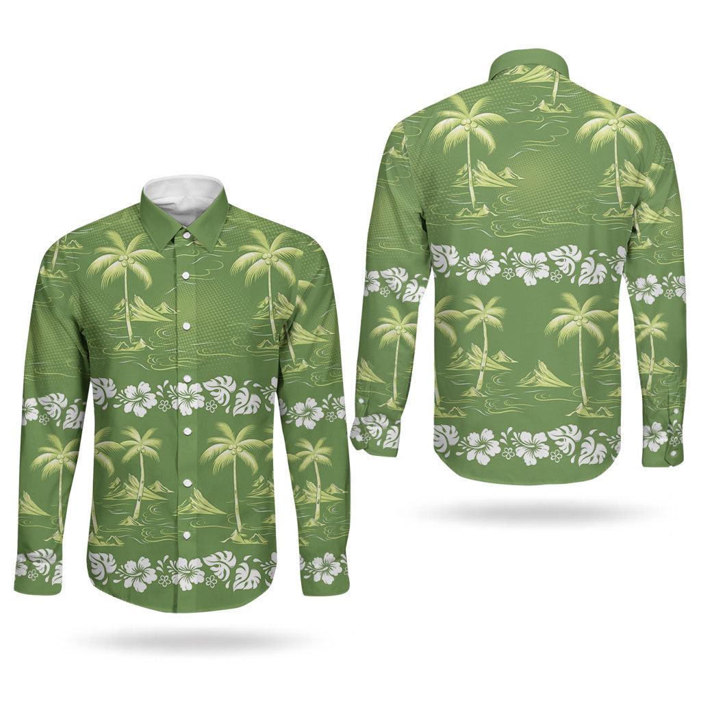 Olive Green Hawaii Palm Tree Hibiscus Couples Matching Mermaid Dress and Long Sleeve Button Shirt Fantasy Summer Vibe LT01 - Polynesian Pride