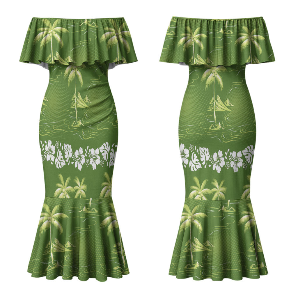 Olive Green Hawaii Palm Tree Hibiscus Couples Matching Mermaid Dress and Long Sleeve Button Shirt Fantasy Summer Vibe LT01 - Polynesian Pride