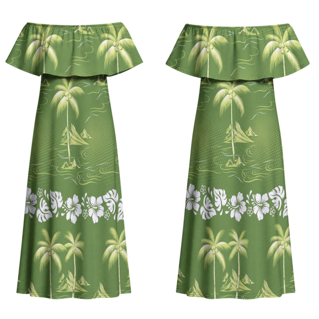 Olive Green Hawaii Palm Tree Hibiscus Couples Matching Off Shoulder Maxi Dress and Long Sleeve Button Shirt Fantasy Summer Vibe