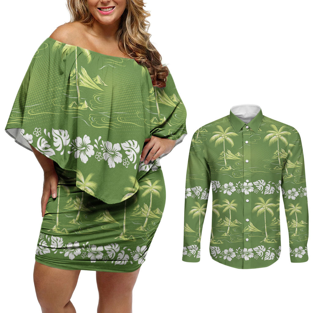 Olive Green Hawaii Palm Tree Hibiscus Couples Matching Off Shoulder Short Dress and Long Sleeve Button Shirt Fantasy Summer Vibe LT01 Olive - Polynesian Pride