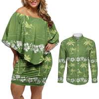 Olive Green Hawaii Palm Tree Hibiscus Couples Matching Off Shoulder Short Dress and Long Sleeve Button Shirt Fantasy Summer Vibe LT01 Olive - Polynesian Pride