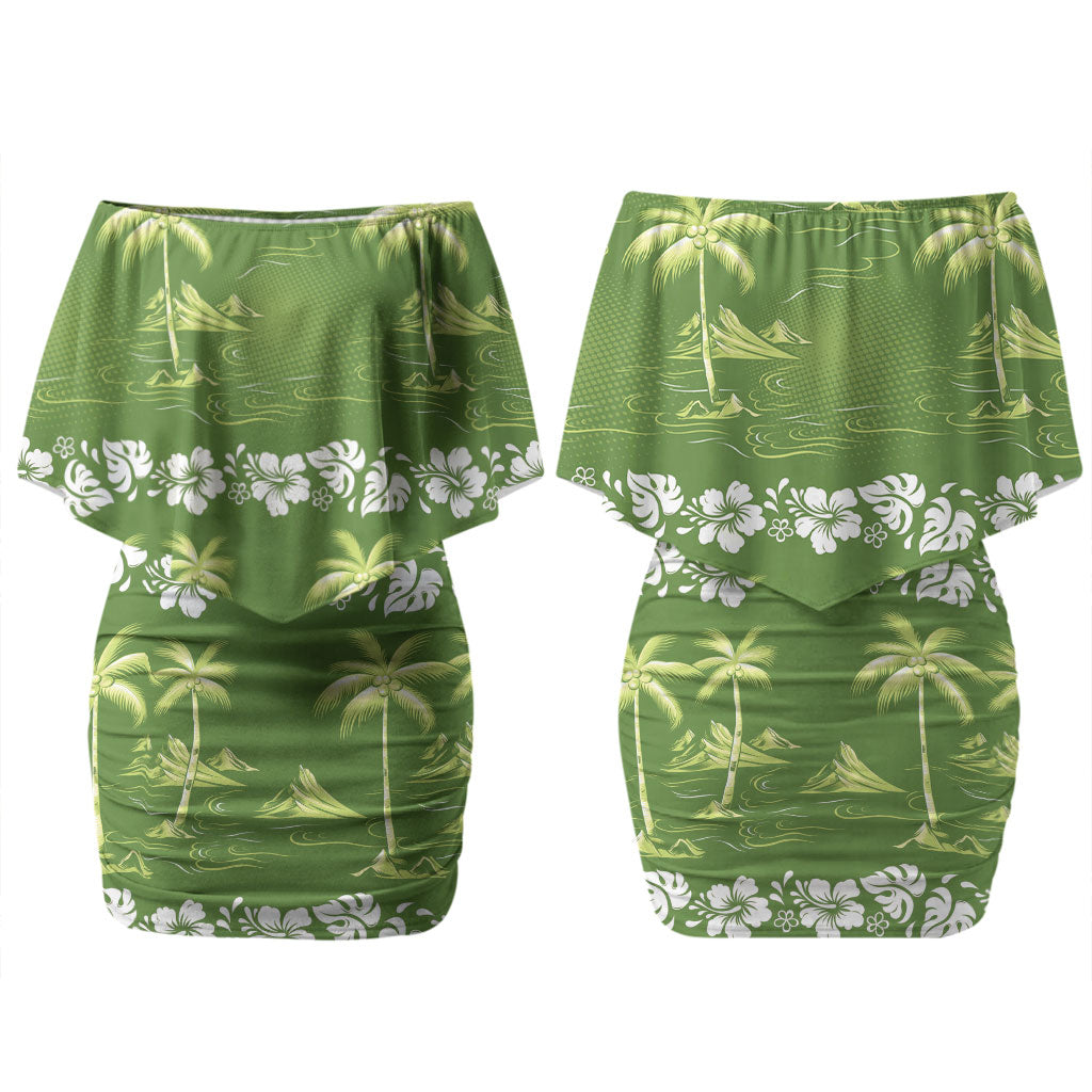 Olive Green Hawaii Palm Tree Hibiscus Couples Matching Off Shoulder Short Dress and Long Sleeve Button Shirt Fantasy Summer Vibe LT01 - Polynesian Pride