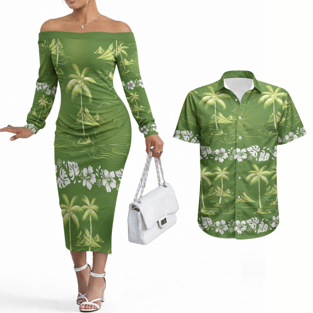 Olive Green Hawaii Palm Tree Hibiscus Couples Matching Off The Shoulder Long Sleeve Dress and Hawaiian Shirt Fantasy Summer Vibe LT01 Olive - Polynesian Pride
