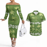 Olive Green Hawaii Palm Tree Hibiscus Couples Matching Off The Shoulder Long Sleeve Dress and Hawaiian Shirt Fantasy Summer Vibe LT01 Olive - Polynesian Pride