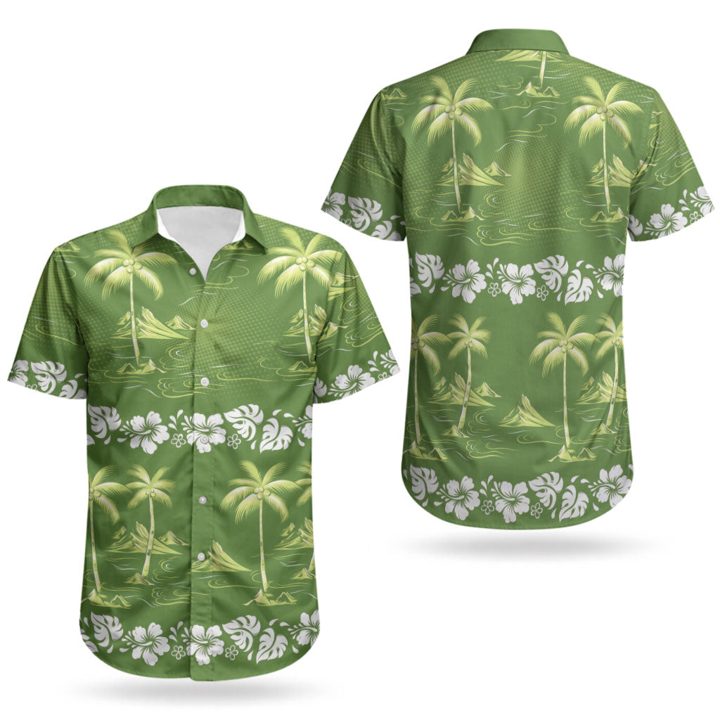 Olive Green Hawaii Palm Tree Hibiscus Couples Matching Off The Shoulder Long Sleeve Dress and Hawaiian Shirt Fantasy Summer Vibe LT01 - Polynesian Pride