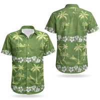 Olive Green Hawaii Palm Tree Hibiscus Couples Matching Off The Shoulder Long Sleeve Dress and Hawaiian Shirt Fantasy Summer Vibe LT01 - Polynesian Pride