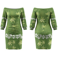Olive Green Hawaii Palm Tree Hibiscus Couples Matching Off The Shoulder Long Sleeve Dress and Hawaiian Shirt Fantasy Summer Vibe LT01 - Polynesian Pride