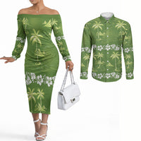 Olive Green Hawaii Palm Tree Hibiscus Couples Matching Off The Shoulder Long Sleeve Dress and Long Sleeve Button Shirt Fantasy Summer Vibe LT01 Olive - Polynesian Pride