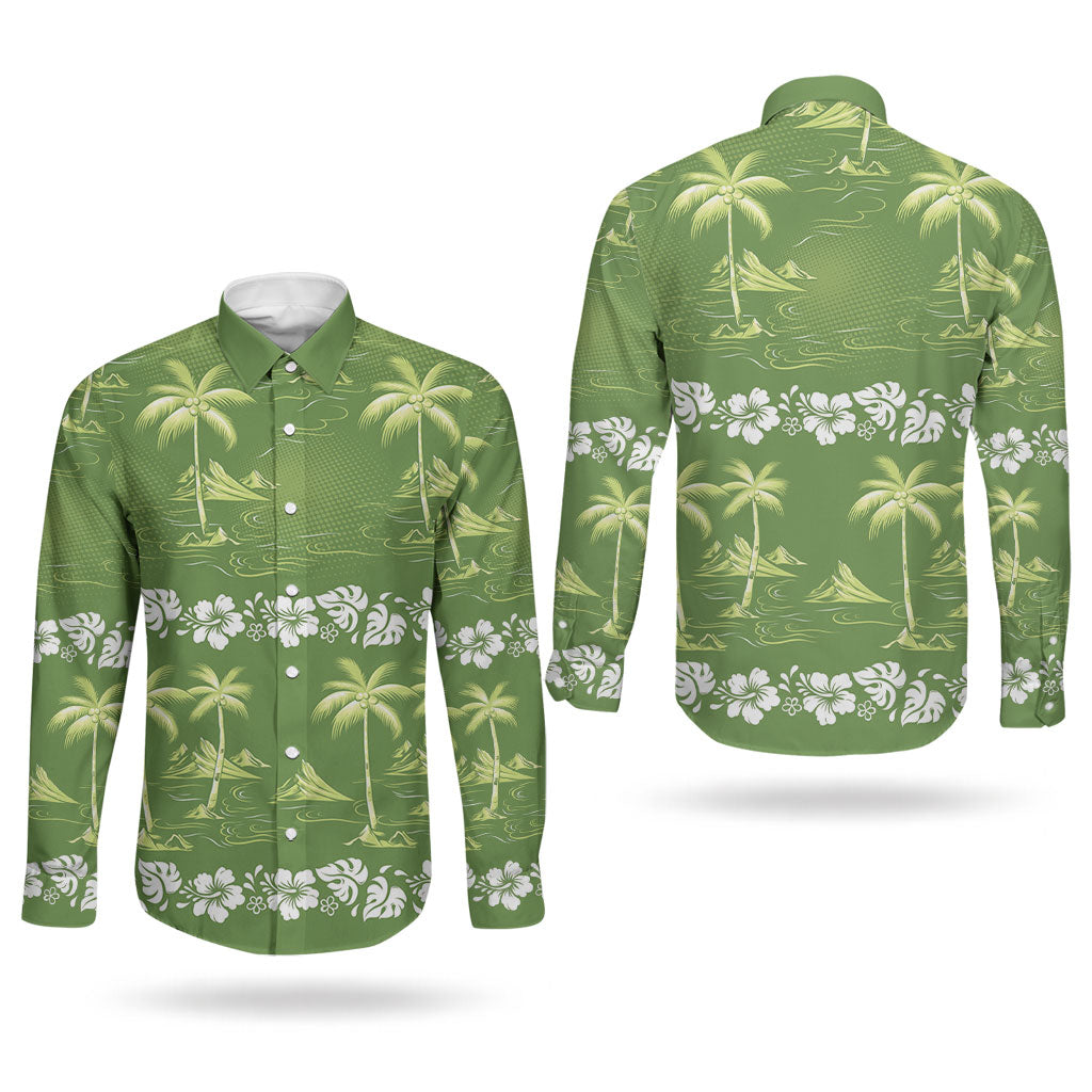 Olive Green Hawaii Palm Tree Hibiscus Couples Matching Off The Shoulder Long Sleeve Dress and Long Sleeve Button Shirt Fantasy Summer Vibe LT01 - Polynesian Pride