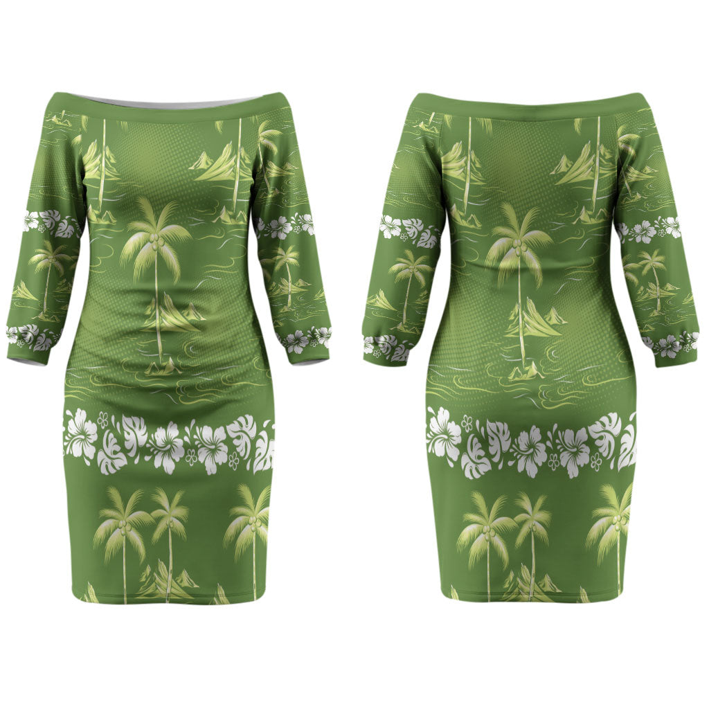 Olive Green Hawaii Palm Tree Hibiscus Couples Matching Off The Shoulder Long Sleeve Dress and Long Sleeve Button Shirt Fantasy Summer Vibe LT01 - Polynesian Pride