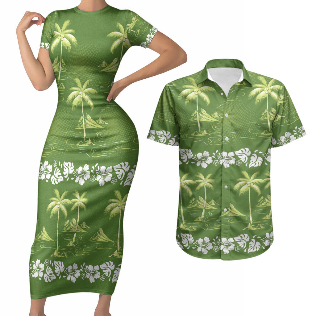 Olive Green Hawaii Palm Tree Hibiscus Couples Matching Short Sleeve Bodycon Dress and Hawaiian Shirt Fantasy Summer Vibe