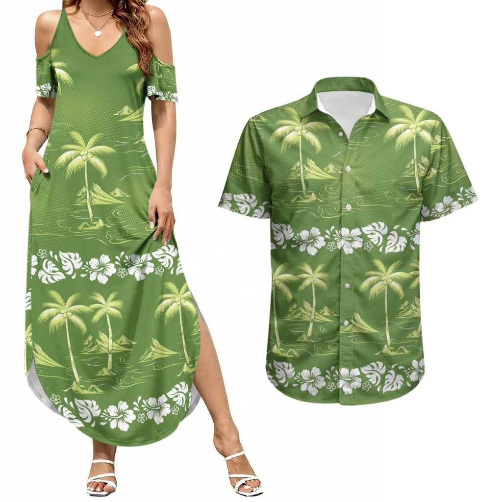 Olive Green Hawaii Palm Tree Hibiscus Couples Matching Summer Maxi Dress and Hawaiian Shirt Fantasy Summer Vibe LT01 Olive - Polynesian Pride