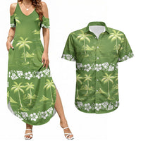 Olive Green Hawaii Palm Tree Hibiscus Couples Matching Summer Maxi Dress and Hawaiian Shirt Fantasy Summer Vibe LT01 Olive - Polynesian Pride