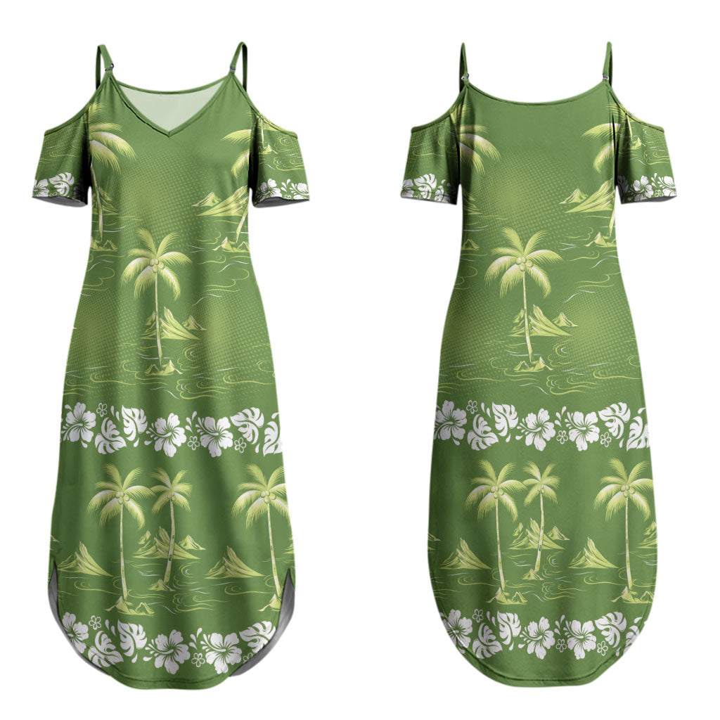 Olive Green Hawaii Palm Tree Hibiscus Couples Matching Summer Maxi Dress and Hawaiian Shirt Fantasy Summer Vibe LT01 - Polynesian Pride