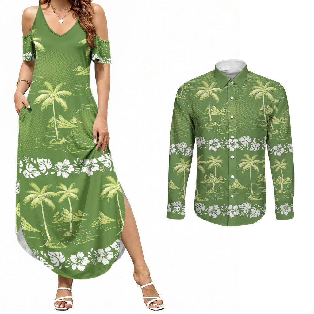 Olive Green Hawaii Palm Tree Hibiscus Couples Matching Summer Maxi Dress and Long Sleeve Button Shirt Fantasy Summer Vibe