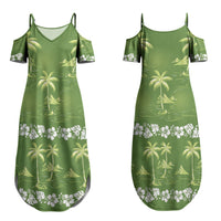 Olive Green Hawaii Palm Tree Hibiscus Couples Matching Summer Maxi Dress and Long Sleeve Button Shirt Fantasy Summer Vibe