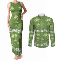 Olive Green Hawaii Palm Tree Hibiscus Couples Matching Tank Maxi Dress and Long Sleeve Button Shirt Fantasy Summer Vibe LT01 Olive - Polynesian Pride