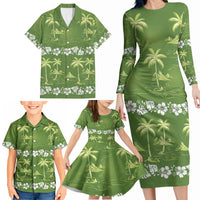 Olive Green Hawaii Palm Tree Hibiscus Family Matching Long Sleeve Bodycon Dress and Hawaiian Shirt Fantasy Summer Vibe LT01 - Polynesian Pride