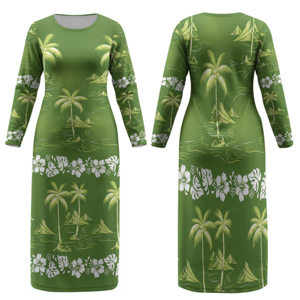 Olive Green Hawaii Palm Tree Hibiscus Family Matching Long Sleeve Bodycon Dress and Hawaiian Shirt Fantasy Summer Vibe LT01 Mom's Dress Olive - Polynesian Pride