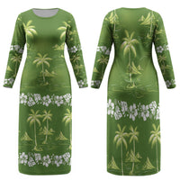 Olive Green Hawaii Palm Tree Hibiscus Family Matching Long Sleeve Bodycon Dress and Hawaiian Shirt Fantasy Summer Vibe LT01 Mom's Dress Olive - Polynesian Pride