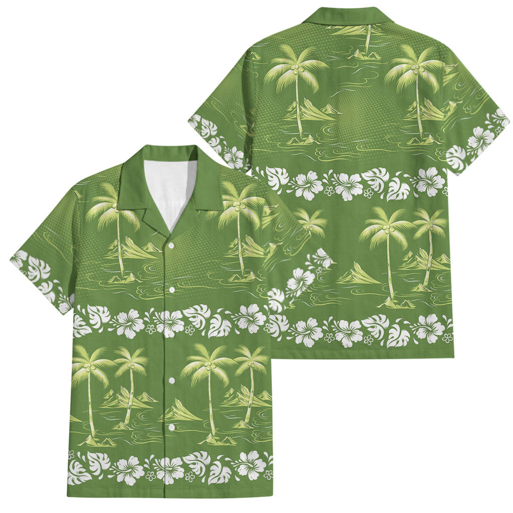 Olive Green Hawaii Palm Tree Hibiscus Family Matching Long Sleeve Bodycon Dress and Hawaiian Shirt Fantasy Summer Vibe LT01 Dad's Shirt - Short Sleeve Olive - Polynesian Pride