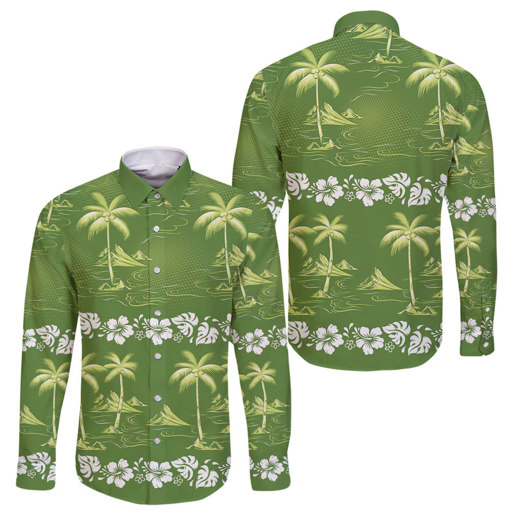 Olive Green Hawaii Palm Tree Hibiscus Family Matching Long Sleeve Bodycon Dress and Hawaiian Shirt Fantasy Summer Vibe LT01 Dad's Shirt - Long Sleeve Olive - Polynesian Pride