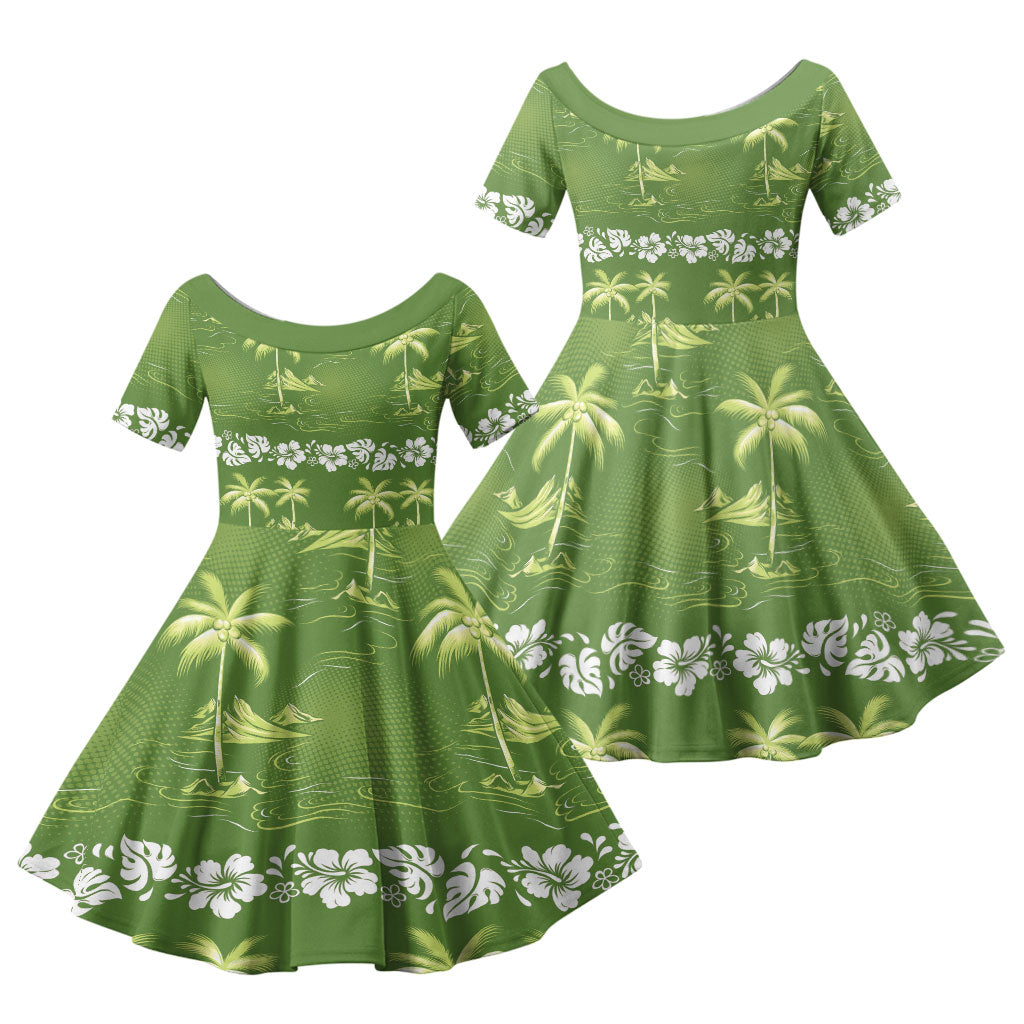 Olive Green Hawaii Palm Tree Hibiscus Family Matching Long Sleeve Bodycon Dress and Hawaiian Shirt Fantasy Summer Vibe LT01 Daughter's Dress Olive - Polynesian Pride