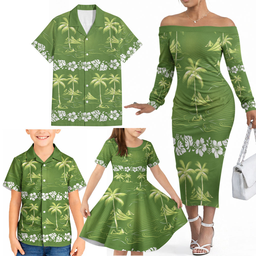 Olive Green Hawaii Palm Tree Hibiscus Family Matching Off The Shoulder Long Sleeve Dress and Hawaiian Shirt Fantasy Summer Vibe LT01 - Polynesian Pride