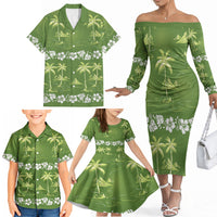 Olive Green Hawaii Palm Tree Hibiscus Family Matching Off The Shoulder Long Sleeve Dress and Hawaiian Shirt Fantasy Summer Vibe LT01 - Polynesian Pride
