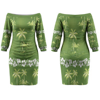 Olive Green Hawaii Palm Tree Hibiscus Family Matching Off The Shoulder Long Sleeve Dress and Hawaiian Shirt Fantasy Summer Vibe LT01 Mom's Dress Olive - Polynesian Pride