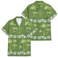 Olive Green Hawaii Palm Tree Hibiscus Family Matching Off The Shoulder Long Sleeve Dress and Hawaiian Shirt Fantasy Summer Vibe LT01 Dad's Shirt - Short Sleeve Olive - Polynesian Pride