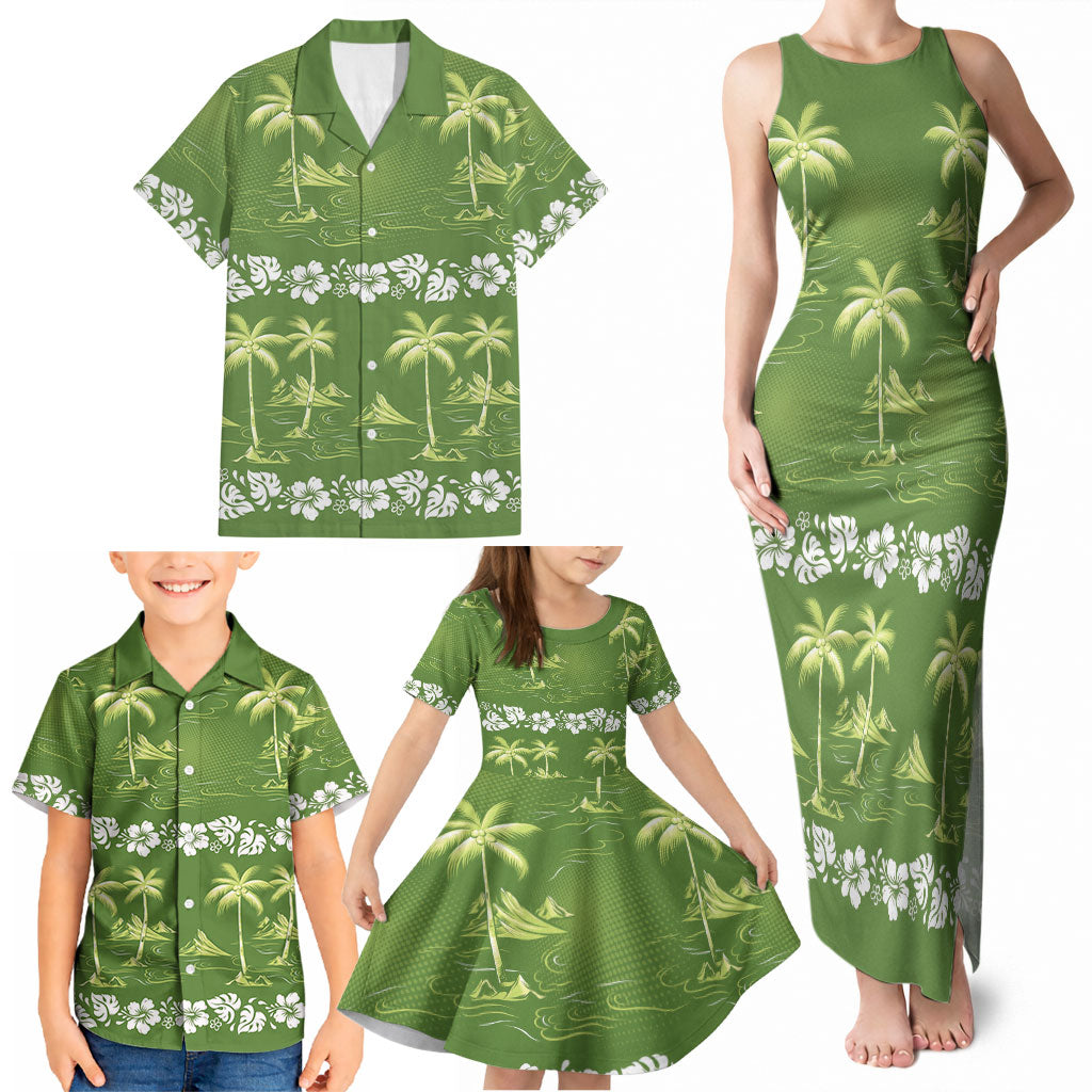 Olive Green Hawaii Palm Tree Hibiscus Family Matching Tank Maxi Dress and Hawaiian Shirt Fantasy Summer Vibe LT01 - Polynesian Pride