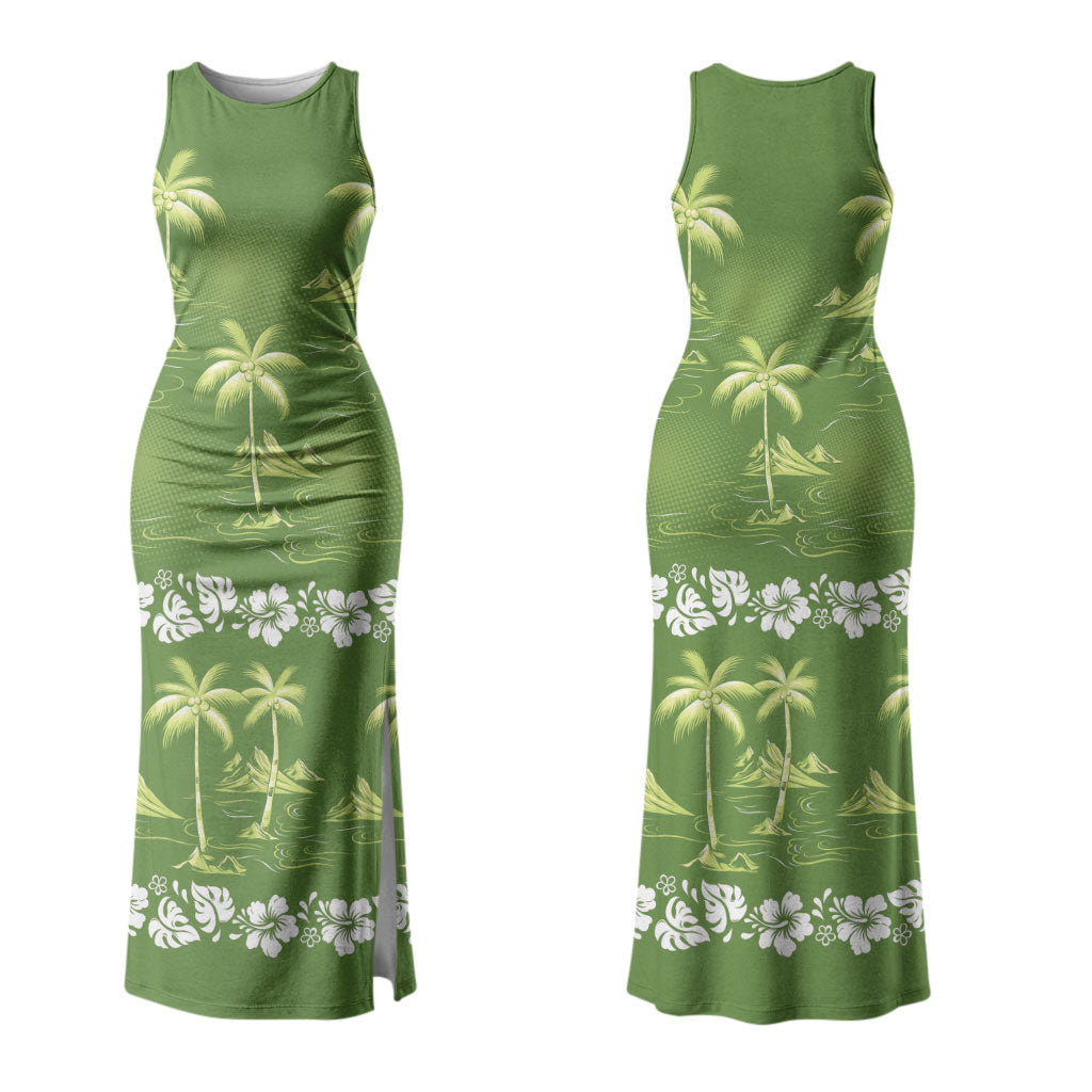 Olive Green Hawaii Palm Tree Hibiscus Family Matching Tank Maxi Dress and Hawaiian Shirt Fantasy Summer Vibe LT01 Mom's Dress Olive - Polynesian Pride