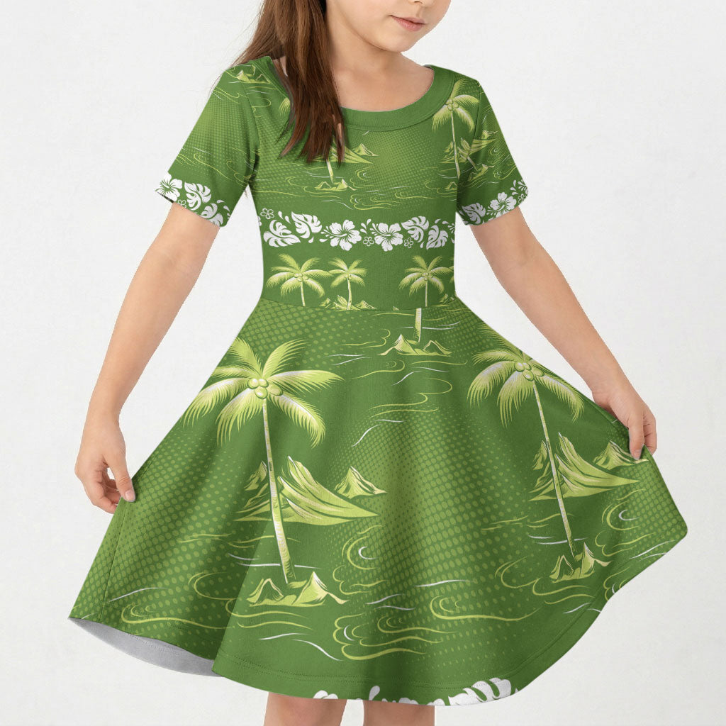 Olive Green Hawaii Palm Tree Hibiscus Kid Short Sleeve Dress Fantasy Summer Vibe LT01 KID Olive - Polynesian Pride