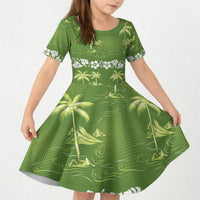Olive Green Hawaii Palm Tree Hibiscus Kid Short Sleeve Dress Fantasy Summer Vibe LT01 KID Olive - Polynesian Pride