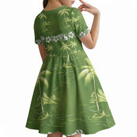 Olive Green Hawaii Palm Tree Hibiscus Kid Short Sleeve Dress Fantasy Summer Vibe LT01 - Polynesian Pride