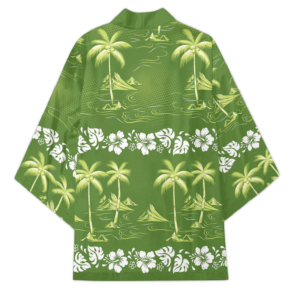 Olive Green Hawaii Palm Tree Hibiscus Kimono Fantasy Summer Vibe LT01 - Polynesian Pride