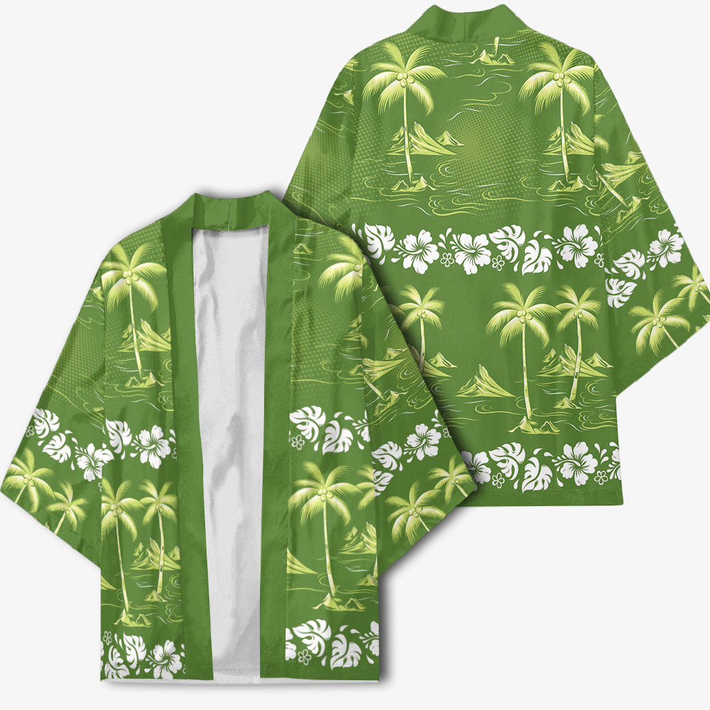 Olive Green Hawaii Palm Tree Hibiscus Kimono Fantasy Summer Vibe LT01 - Polynesian Pride
