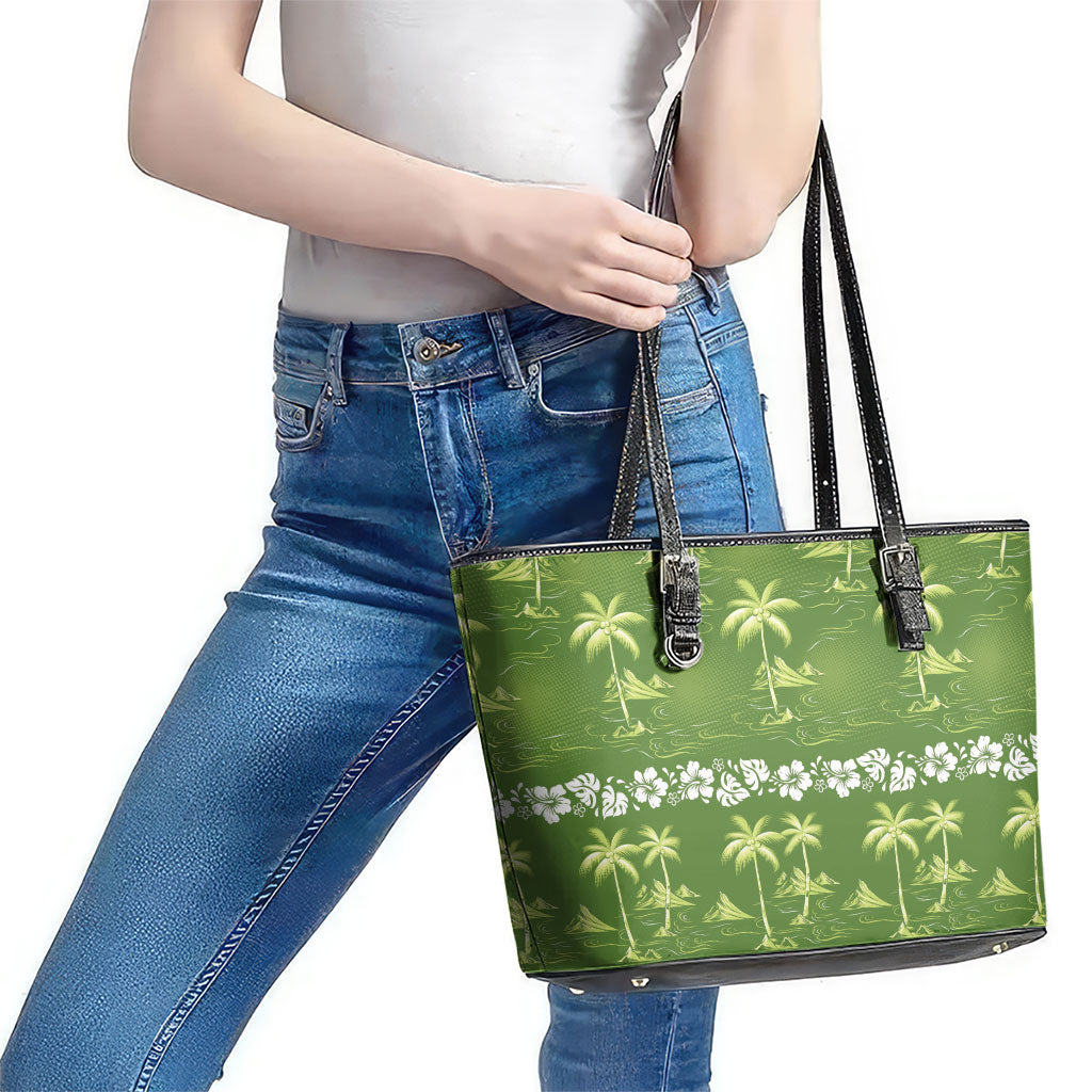 Olive Green Hawaii Palm Tree Hibiscus Leather Tote Bag Fantasy Summer Vibe LT01 - Polynesian Pride