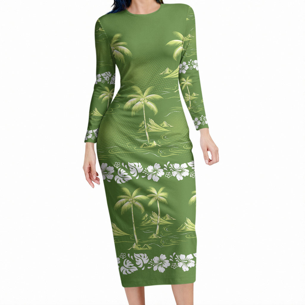 Olive Green Hawaii Palm Tree Hibiscus Long Sleeve Bodycon Dress Fantasy Summer Vibe LT01 Long Dress Olive - Polynesian Pride
