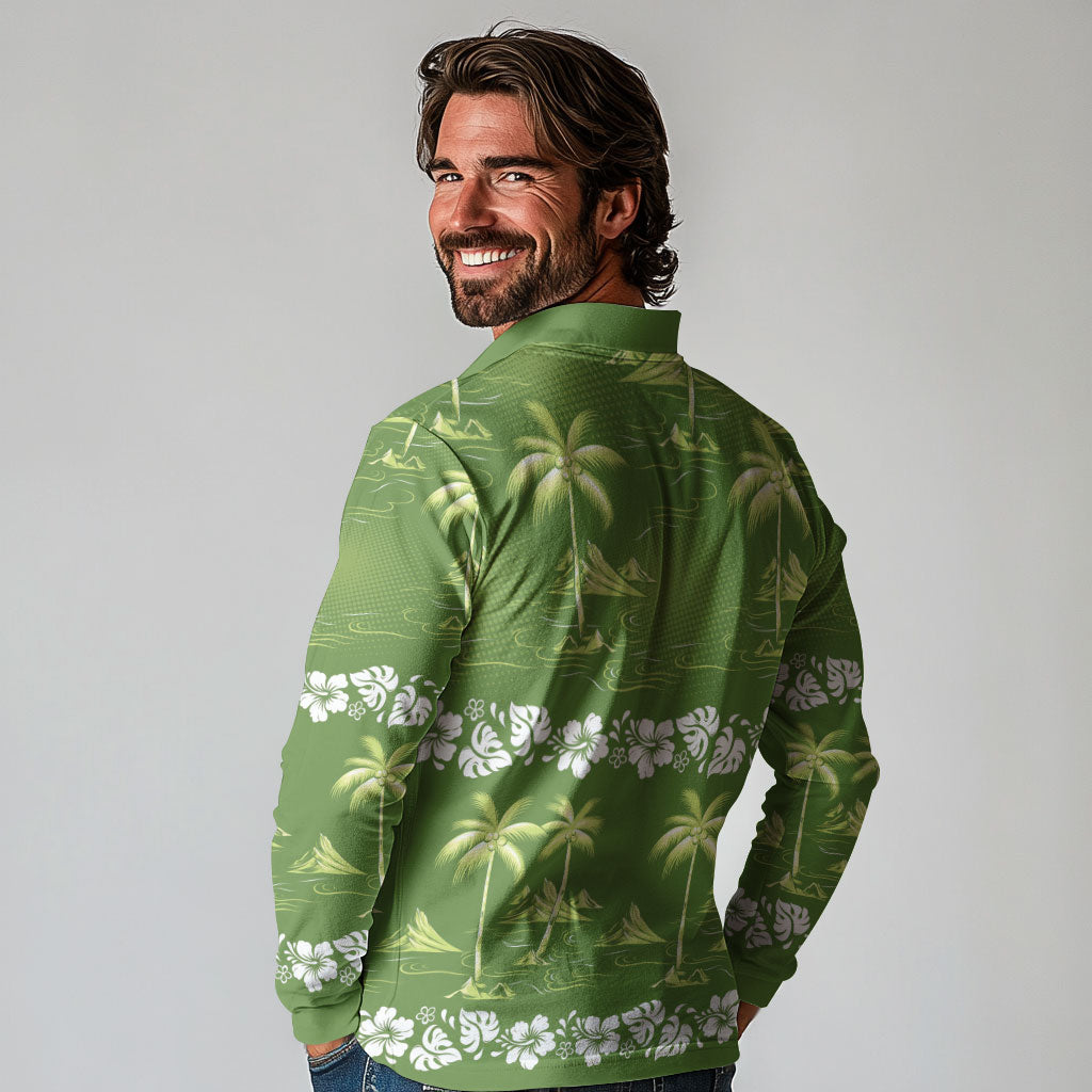 Olive Green Hawaii Palm Tree Hibiscus Long Sleeve Polo Shirt Fantasy Summer Vibe LT01 - Polynesian Pride