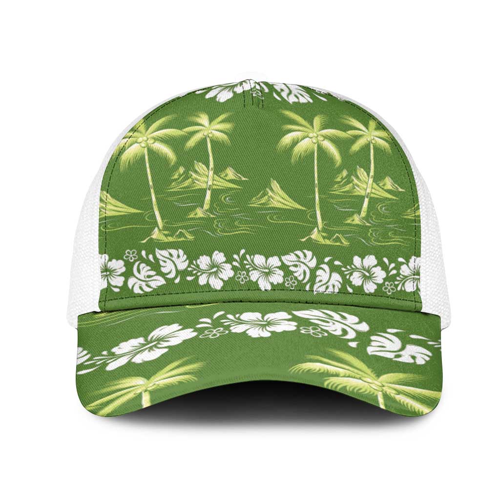 Olive Green Hawaii Palm Tree Hibiscus Mesh Trucker Cap Fantasy Summer Vibe