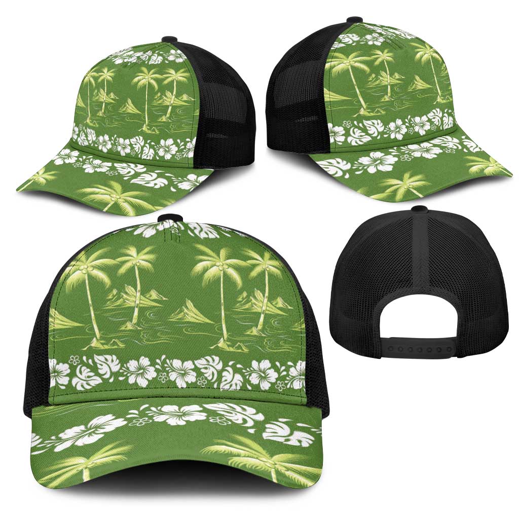 Olive Green Hawaii Palm Tree Hibiscus Mesh Trucker Cap Fantasy Summer Vibe LT01 - Polynesian Pride