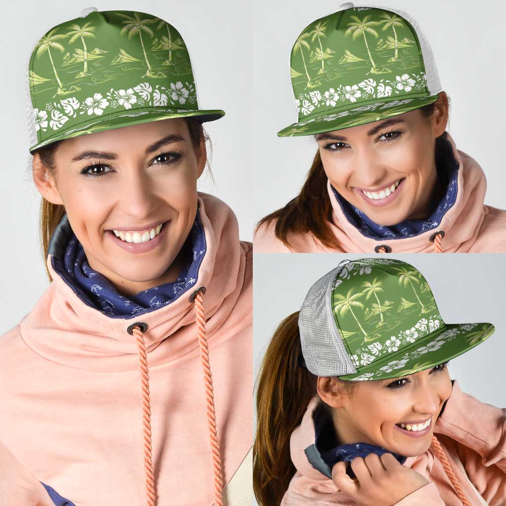 Olive Green Hawaii Palm Tree Hibiscus Mesh Trucker Cap Fantasy Summer Vibe LT01 - Polynesian Pride