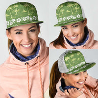 Olive Green Hawaii Palm Tree Hibiscus Mesh Trucker Cap Fantasy Summer Vibe LT01 - Polynesian Pride