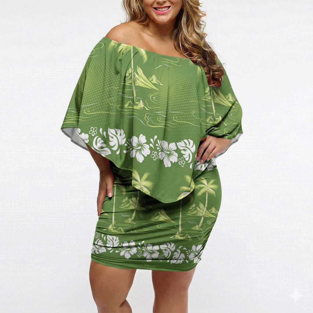 Olive Green Hawaii Palm Tree Hibiscus Off Shoulder Short Dress Fantasy Summer Vibe LT01 Women Olive - Polynesian Pride