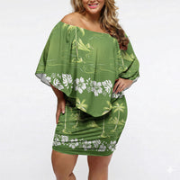 Olive Green Hawaii Palm Tree Hibiscus Off Shoulder Short Dress Fantasy Summer Vibe LT01 Women Olive - Polynesian Pride