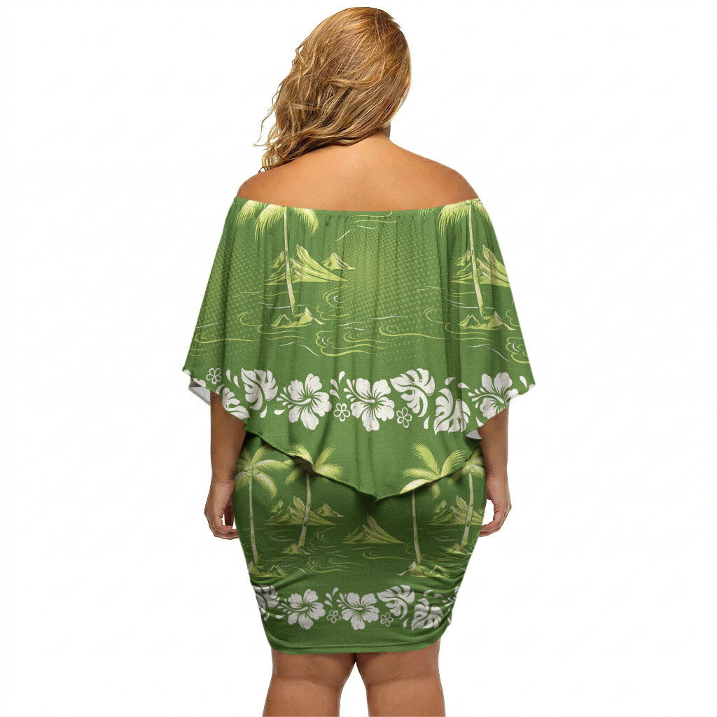 Olive Green Hawaii Palm Tree Hibiscus Off Shoulder Short Dress Fantasy Summer Vibe LT01 - Polynesian Pride